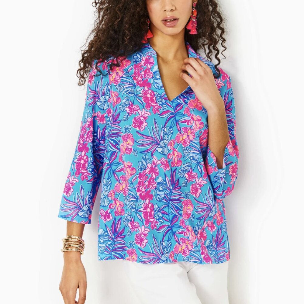 Women's Lilly Pulitzer Luna Bay Tunic Top - Cumulus Blue Orchid Plant Print - Sm